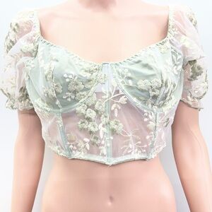 ROMWE Floral Embroidered Sheer Crop Top - Mint Green fairy core